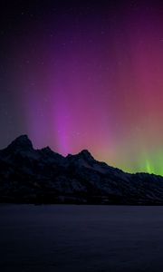 Preview wallpaper mountains, northern lights, starry sky, night, winter