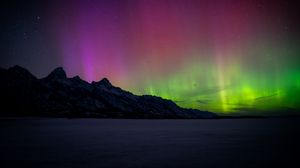 Preview wallpaper mountains, northern lights, starry sky, night, winter