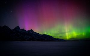 Preview wallpaper mountains, northern lights, starry sky, night, winter