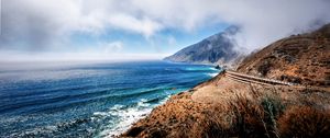 Preview wallpaper mountains, ocean, fog, coast, california, bay