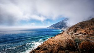 Preview wallpaper mountains, ocean, fog, coast, california, bay