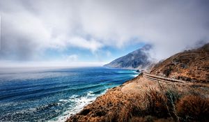 Preview wallpaper mountains, ocean, fog, coast, california, bay