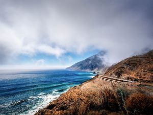 Preview wallpaper mountains, ocean, fog, coast, california, bay