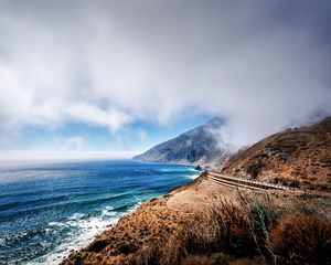 Preview wallpaper mountains, ocean, fog, coast, california, bay