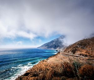 Preview wallpaper mountains, ocean, fog, coast, california, bay