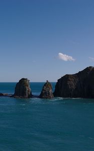 Preview wallpaper mountains, ocean, sea, clouds, horizon, nature