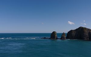 Preview wallpaper mountains, ocean, sea, clouds, horizon, nature