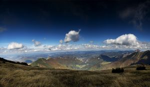 Preview wallpaper mountains, open spaces, height, distance, immense, clouds, volume