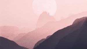 Preview wallpaper mountains, outlines, moon, pink