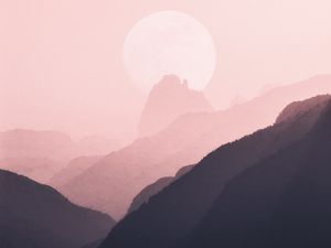 Preview wallpaper mountains, outlines, moon, pink