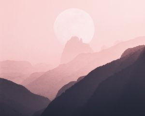 Preview wallpaper mountains, outlines, moon, pink