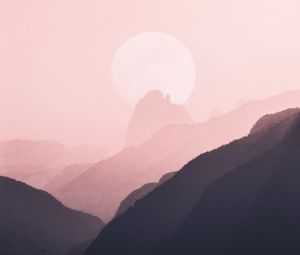 Preview wallpaper mountains, outlines, moon, pink