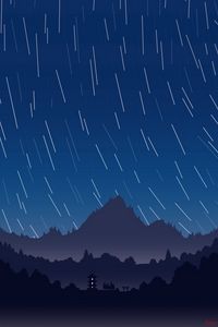 Preview wallpaper mountains, pagoda, night, starry sky, dark, art