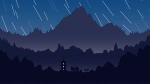 Preview wallpaper mountains, pagoda, night, starry sky, dark, art