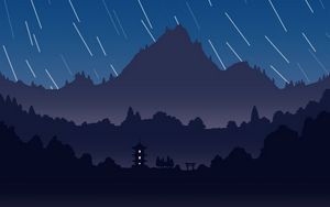 Preview wallpaper mountains, pagoda, night, starry sky, dark, art