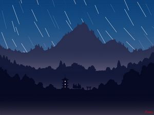 Preview wallpaper mountains, pagoda, night, starry sky, dark, art