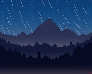 Preview wallpaper mountains, pagoda, night, starry sky, dark, art