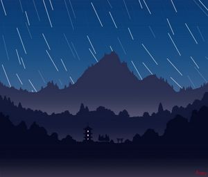 Preview wallpaper mountains, pagoda, night, starry sky, dark, art