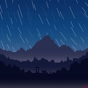 Preview wallpaper mountains, pagoda, night, starry sky, dark, art