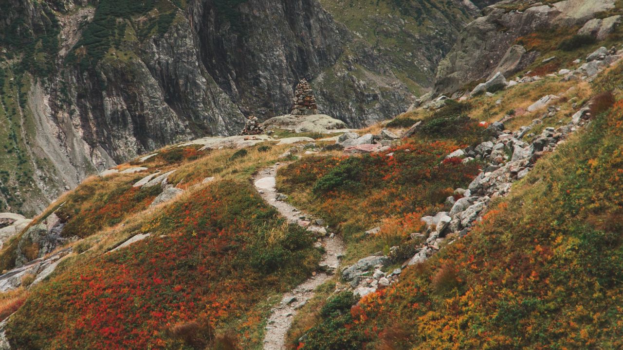 Wallpaper mountains, path, aerial view, stones, rocks