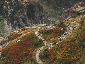 Preview wallpaper mountains, path, aerial view, stones, rocks