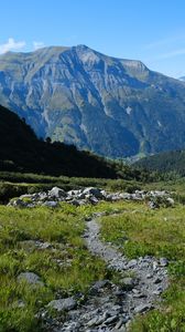 Preview wallpaper mountains, path, grass, nature, landscape