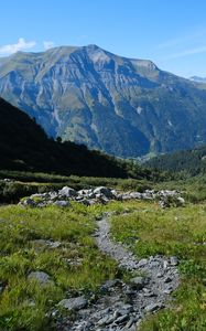 Preview wallpaper mountains, path, grass, nature, landscape