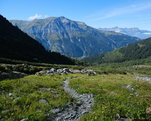 Preview wallpaper mountains, path, grass, nature, landscape