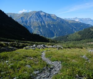 Preview wallpaper mountains, path, grass, nature, landscape