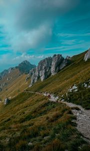 Preview wallpaper mountains, path, rocks, stones, top, sky, grass