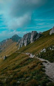 Preview wallpaper mountains, path, rocks, stones, top, sky, grass