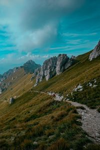 Preview wallpaper mountains, path, rocks, stones, top, sky, grass