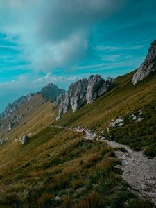 Preview wallpaper mountains, path, rocks, stones, top, sky, grass