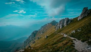 Preview wallpaper mountains, path, rocks, stones, top, sky, grass