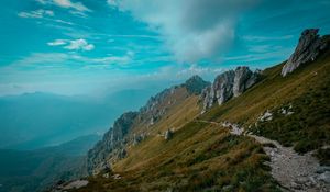 Preview wallpaper mountains, path, rocks, stones, top, sky, grass