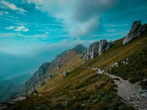 Preview wallpaper mountains, path, rocks, stones, top, sky, grass