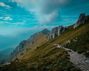 Preview wallpaper mountains, path, rocks, stones, top, sky, grass