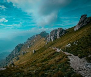 Preview wallpaper mountains, path, rocks, stones, top, sky, grass