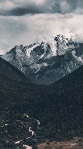 Preview wallpaper mountains, peak, aerial view, forest, fog, clouds