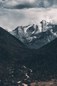 Preview wallpaper mountains, peak, aerial view, forest, fog, clouds