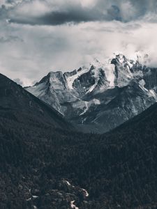 Preview wallpaper mountains, peak, aerial view, forest, fog, clouds