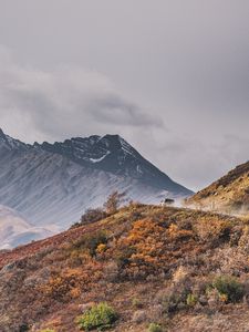 Preview wallpaper mountains, peak, car, off-road, nature