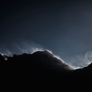 Preview wallpaper mountains, peak, fog, enveloping, dark, shadow