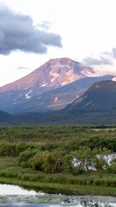 Preview wallpaper mountains, peak, landscape, valley, trees, clouds