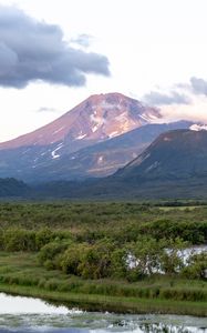 Preview wallpaper mountains, peak, landscape, valley, trees, clouds