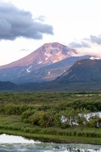 Preview wallpaper mountains, peak, landscape, valley, trees, clouds