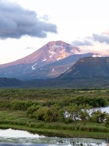 Preview wallpaper mountains, peak, landscape, valley, trees, clouds