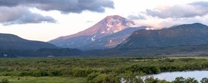 Preview wallpaper mountains, peak, landscape, valley, trees, clouds