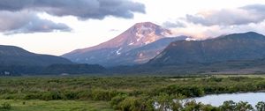 Preview wallpaper mountains, peak, landscape, valley, trees, clouds