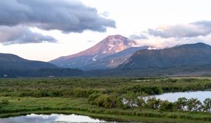 Preview wallpaper mountains, peak, landscape, valley, trees, clouds